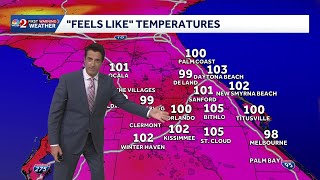 Triple digit feels like temperatures set to continue with a few cooling storms on the way later t...
