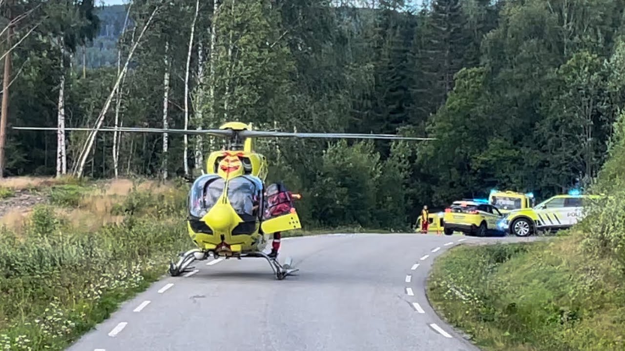 Air ambulance and VW crafter ambulance leaving the scene of an accident