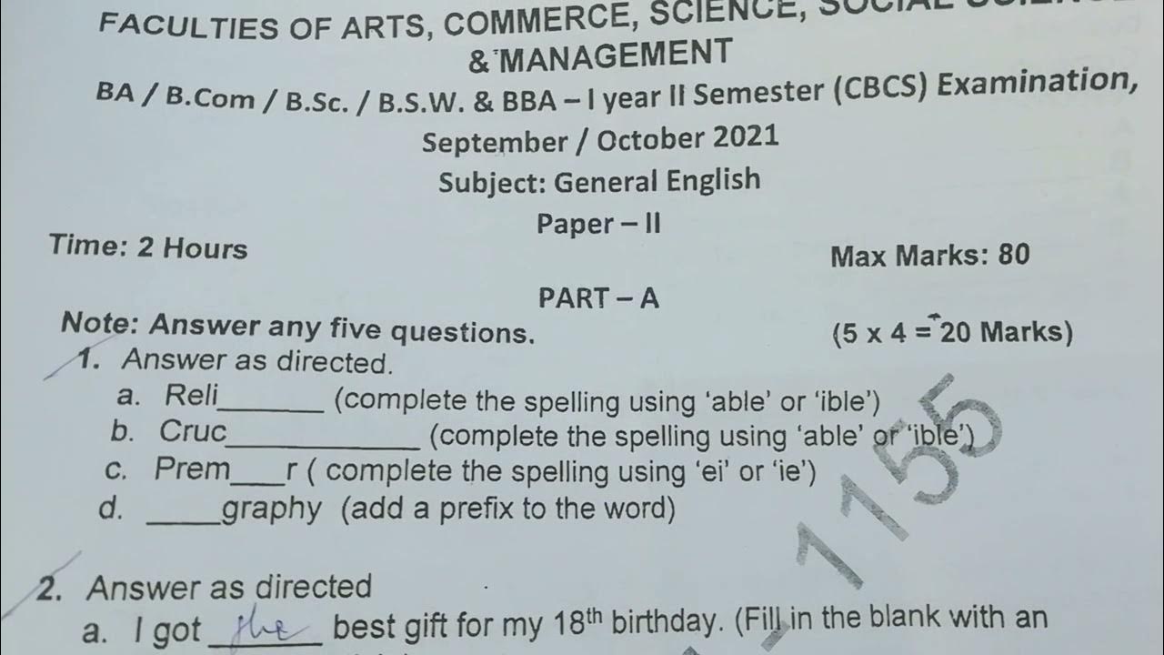 OU English 2nd semester question paper 2021English question paper 2021