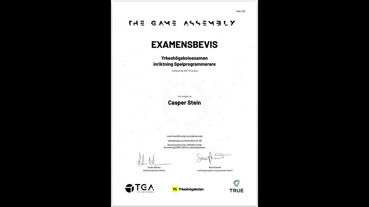 Matrix-style animated College Diploma issued by Game Design School