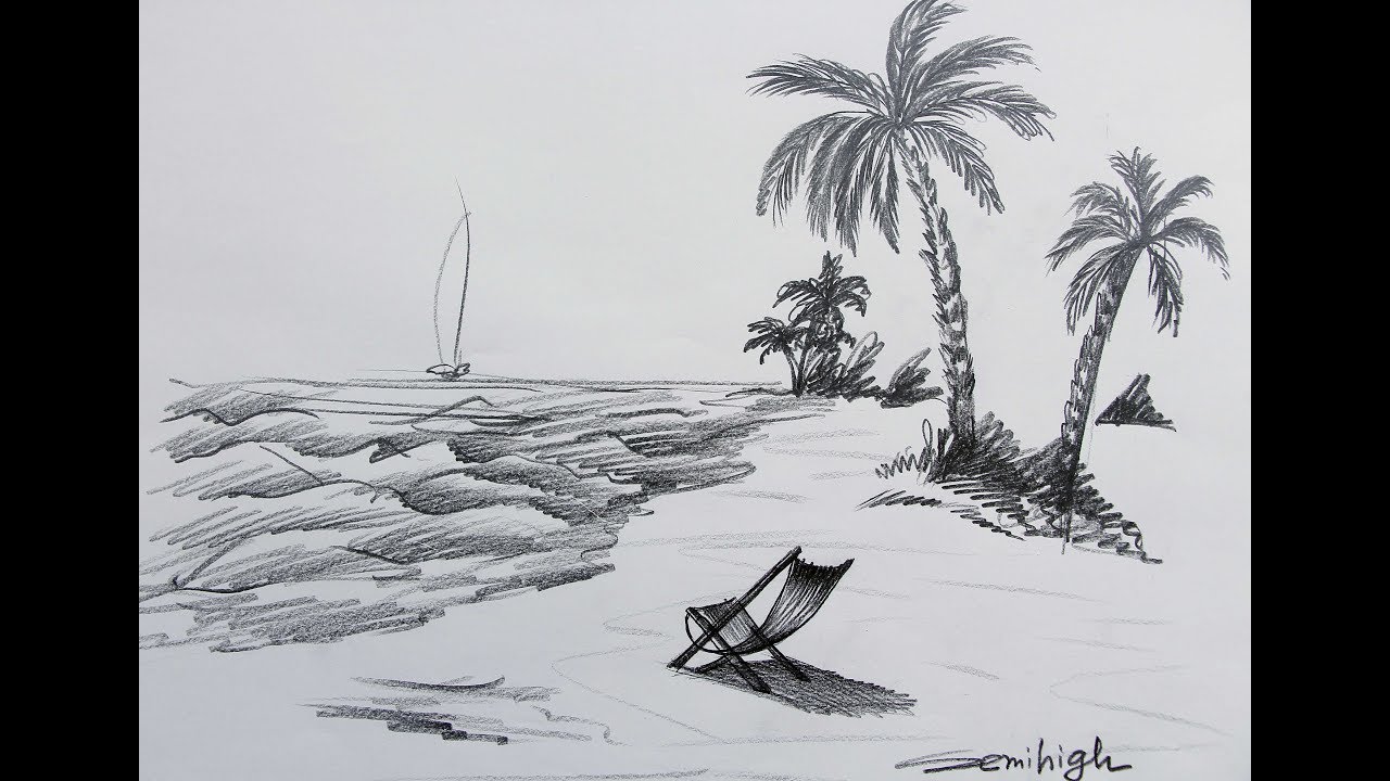 How to draw A Real Beach Scenery Pencil Sketch YouTube