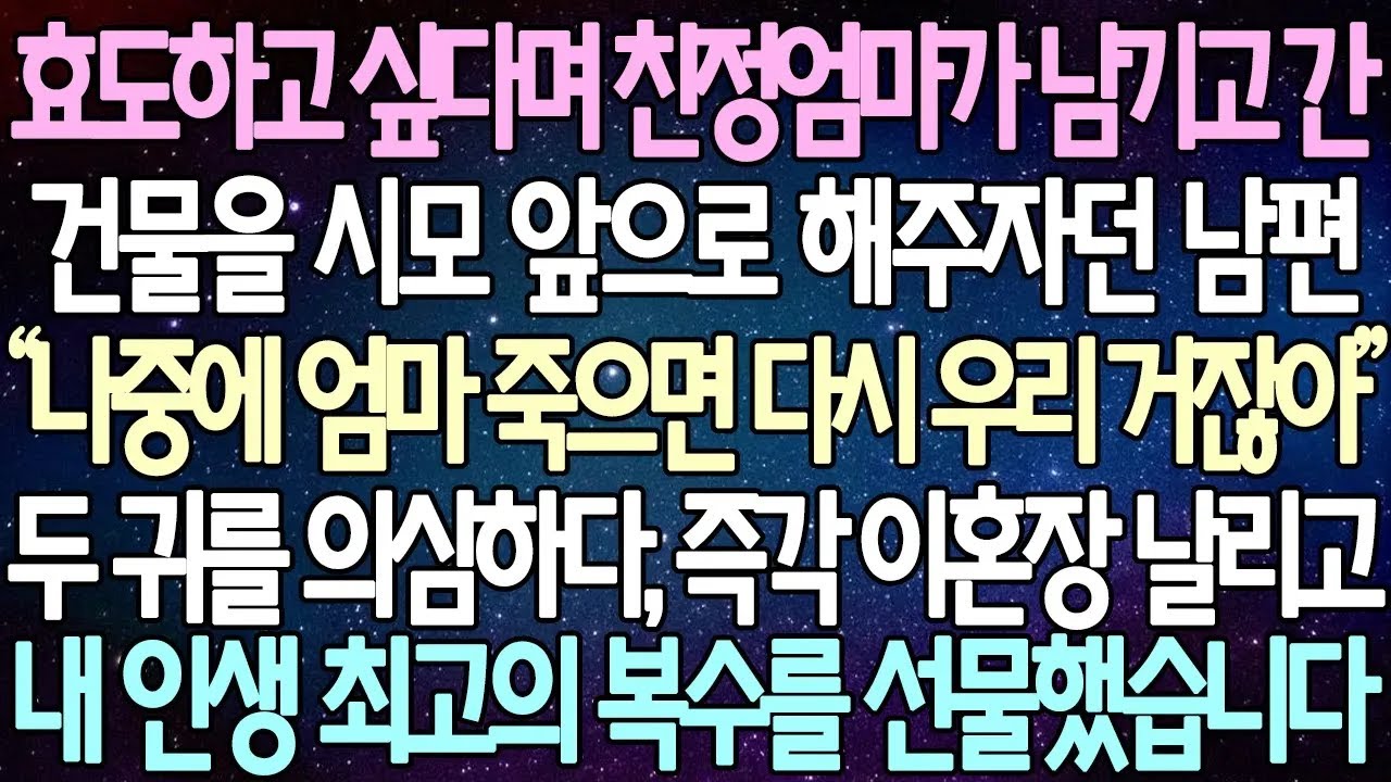 반전 사연 효도하고 싶다며 친정엄마가 남기고 간 건물을 시모 앞으로 해주자던 남편 두 귀를 의심하다 즉각 이혼장 날리고 내 인생 최고의 복수를 선물했습니다 사이다사연