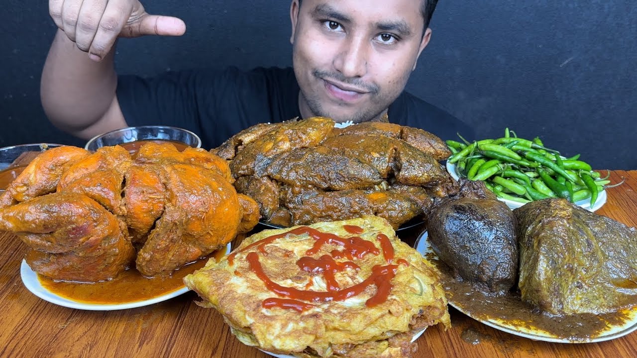 EATING WHOLE CHICKEN ,FISH CURRY ,MUTTON LIVER CURRY ,EGG OMELETTES ,CHILLI & RICE | ASMR MUKBANG