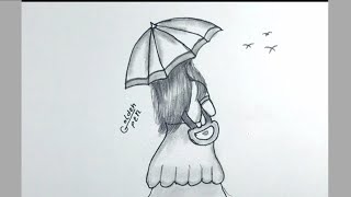 رسم فتاة من الخلف تحمل مظلة بسيط وسهل للمبتدئين بااقلام الرصاص منظر_طبيعي_سهل  قناة_القلم_الذهبي