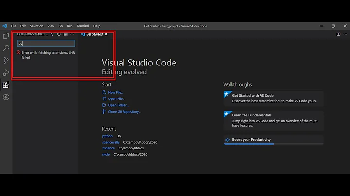 Visual studio code extension not installing | Error while fetching extensions. XHR failed in hindi