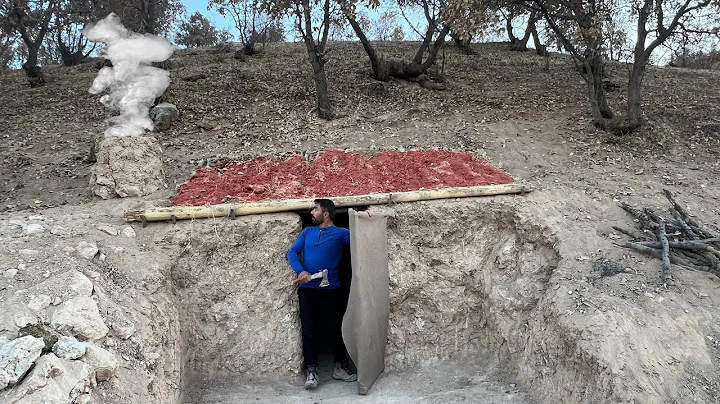 Digging a Warm Winter Shelter Inside a Hill | one peaceful night in Survival Hideout with Fireplace