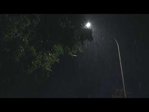 Heavy Night Rain White Noise - Street Lamp Rainfall in the Dark, Calm City Night Ambience