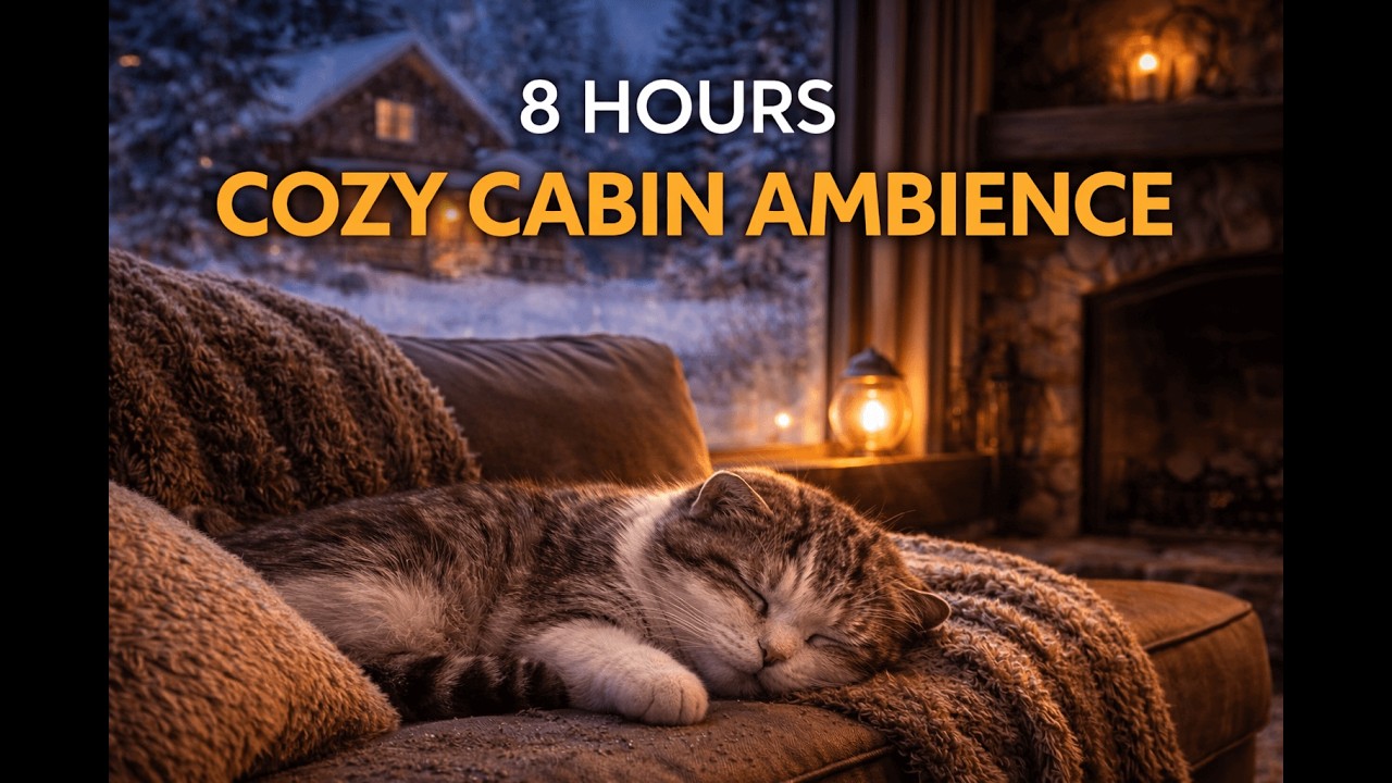 8 Hours Cozy Winter Cabin with Sleeping Cat ❄️ Fireplace Ambience for Deep Sleep