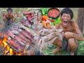 Recipe for food in forest how to cook a squids on a rock coocking eating in jugle 000148