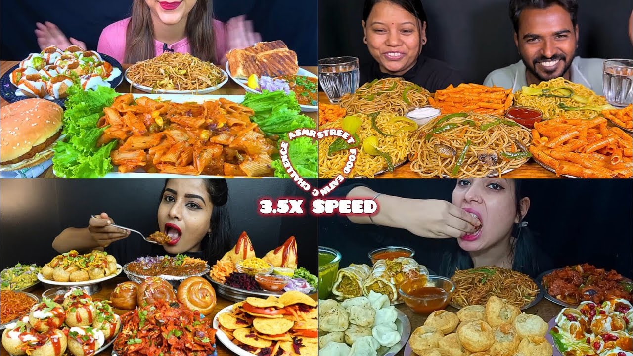 ASMR: Eating Street food eating challenge 😍😋pasta noodles momo samosa dahi Puri Mukbang