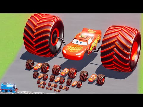 Big & Small Glow Stripes Lightning McQueen Monster Truck Double Wheels vs Thomas Train BeamNG.Drive