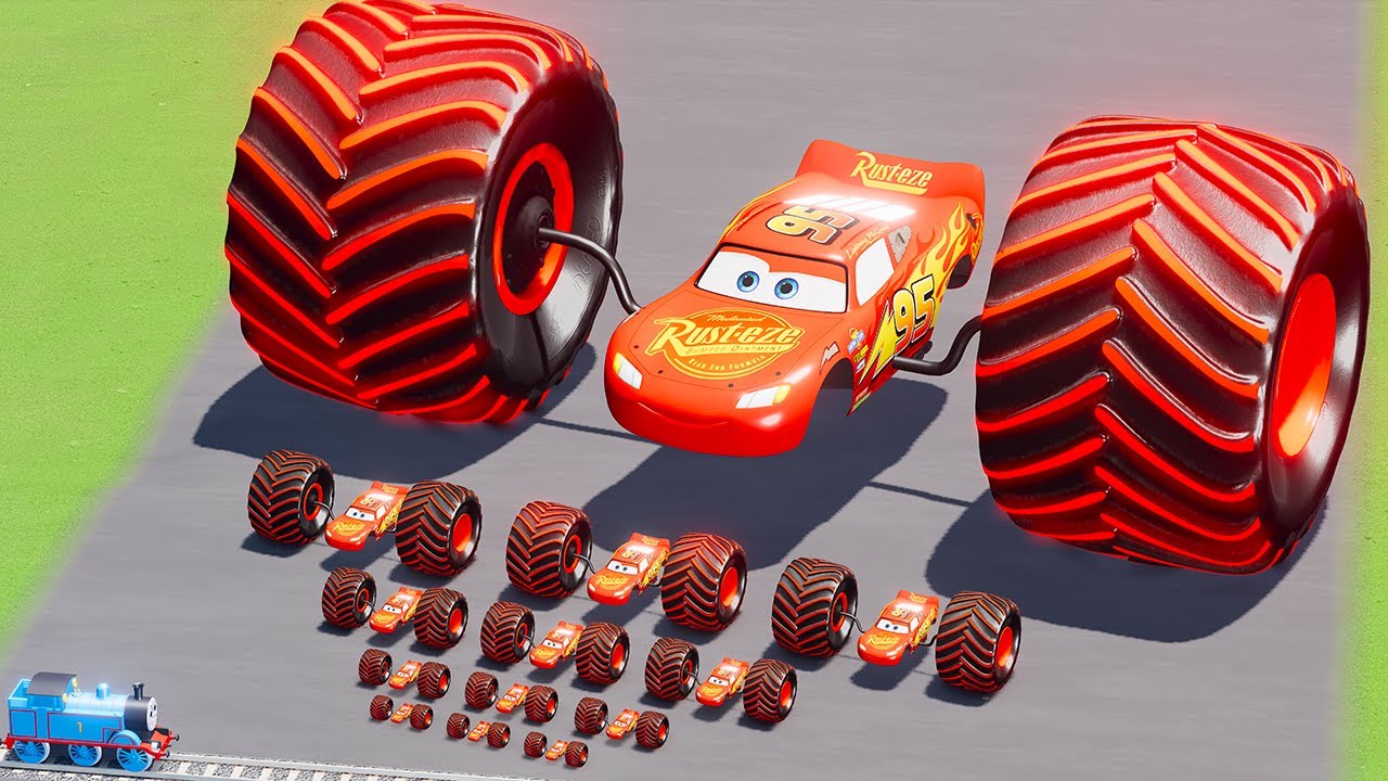Big & Small Glow Stripes Lightning McQueen Monster Truck Double Wheels vs Thomas Train BeamNG.Drive