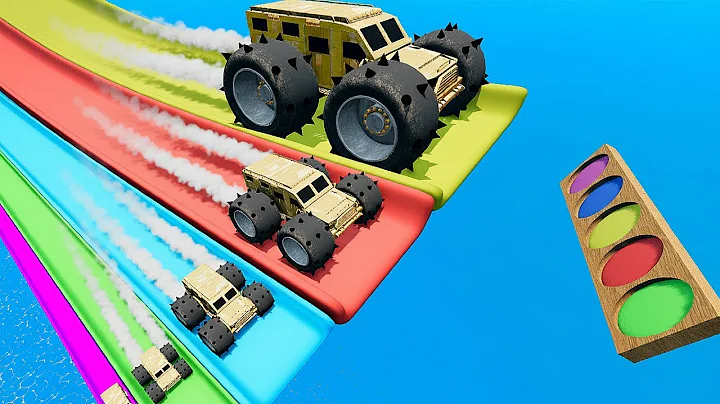 Big and Small Spike Wheels Wooden Monster Truck vs Slide Color with Portal Trap - BeamNG #88