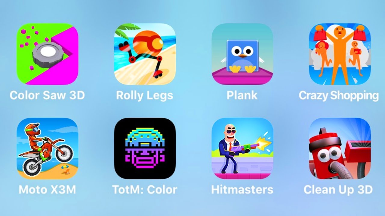 Color Saw 3D, Rolly Legs, Plank, Crazy Shopping, Moto X3M,