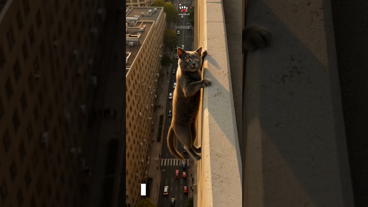 Cat Hanging from a High Building Ledge 