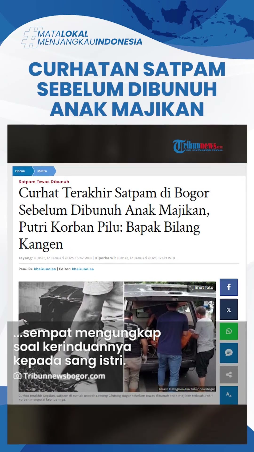 Pesan Terakhir Septian Satpam Rumah Mewah di Bogor sebelum Tewas Dibunuh Anak Majikan: Rindu Istri