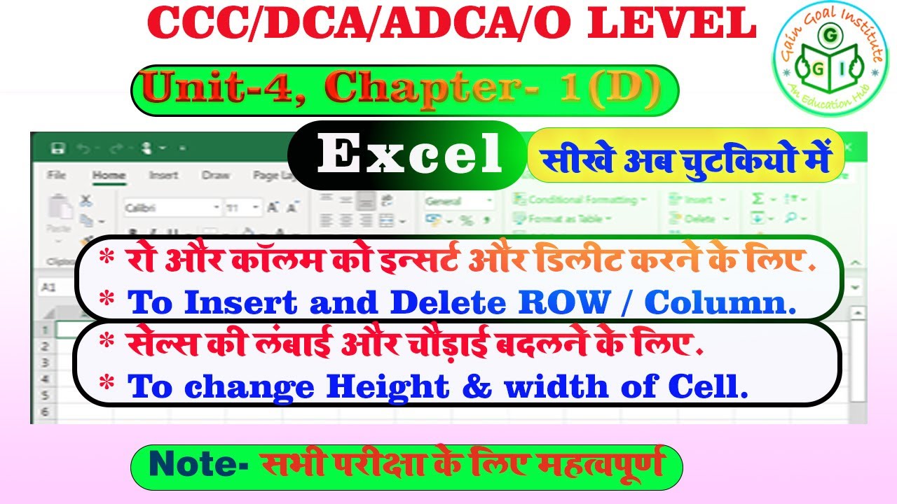 Unit-4, Chapter- 1(D) | Insert and Delete ROW / Column | change Height & width of Cell