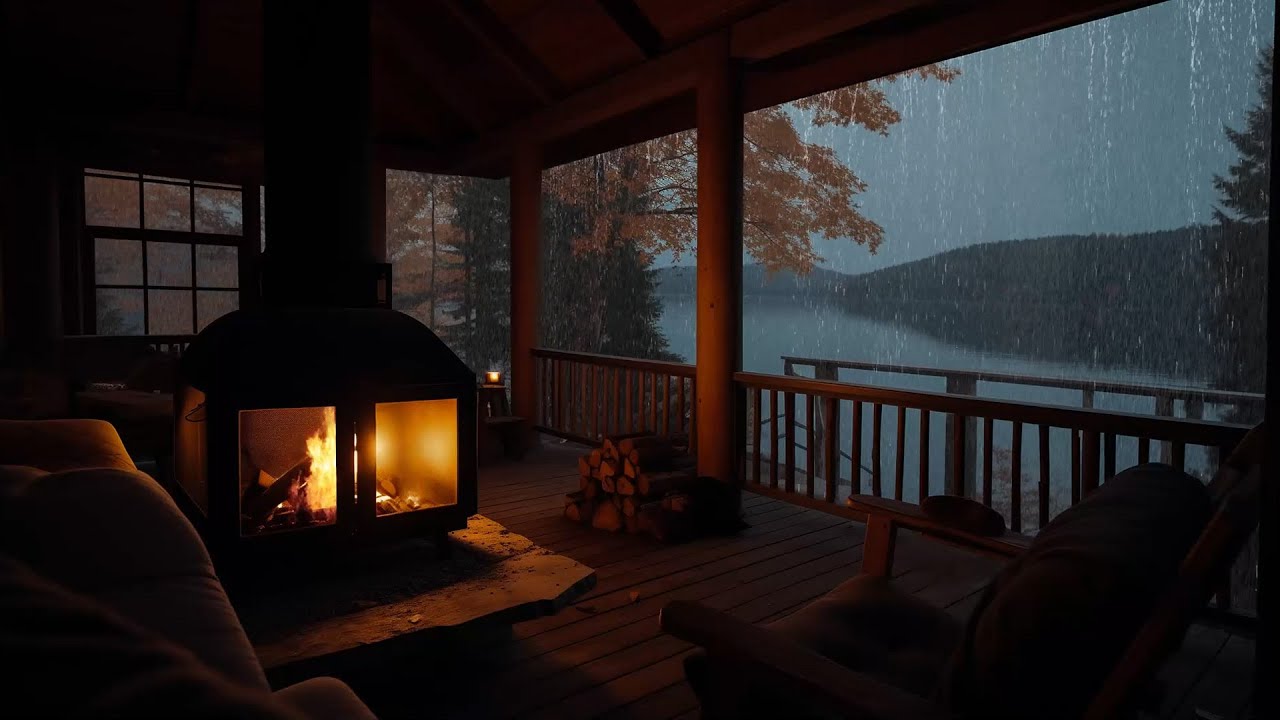 Cozy Rain on the Porch with Crackling Fireplace Sounds for Relaxing and ...