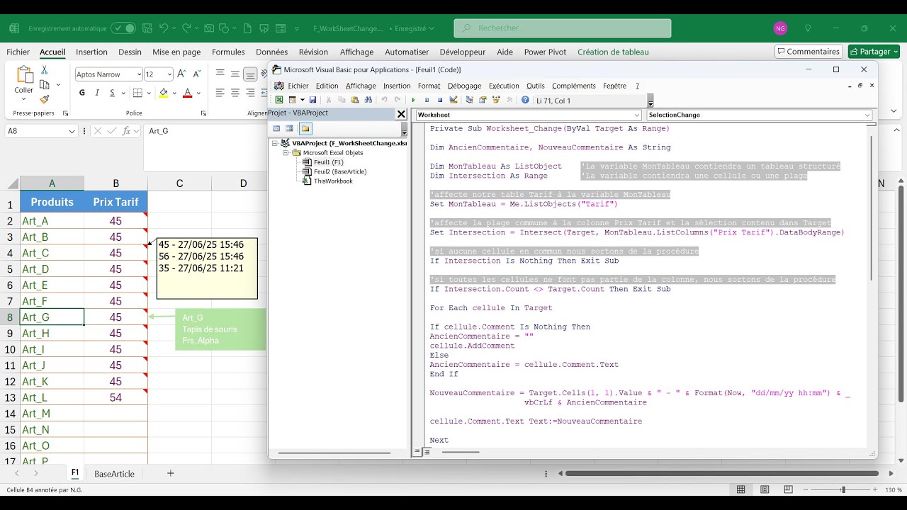 Excel - Réagir à une modification, une sélection de cellule avec WorkSheet_Change / _SelectionChange