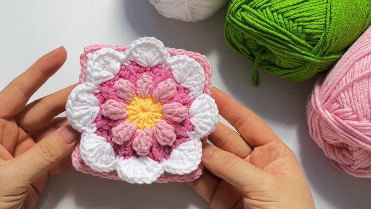 Crochet 3D Flower Granny Square | Móc mẫu ô vuông hoa 3D ghép túi-áo-chăn-trang trí