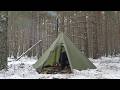 Tent with folding stove, Hot tent winter camping, Alone away from people in the cold woods