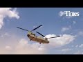 A Chinook helicopter takes off during the Iron Focus exercise. Video shot by David Burge.