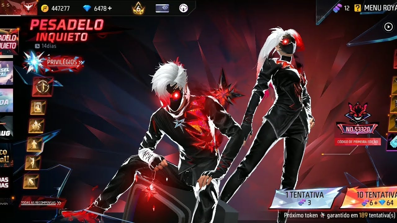 pegando o conjunto pesadelo inquieto skin evolutiva na torre de tokens free fire 