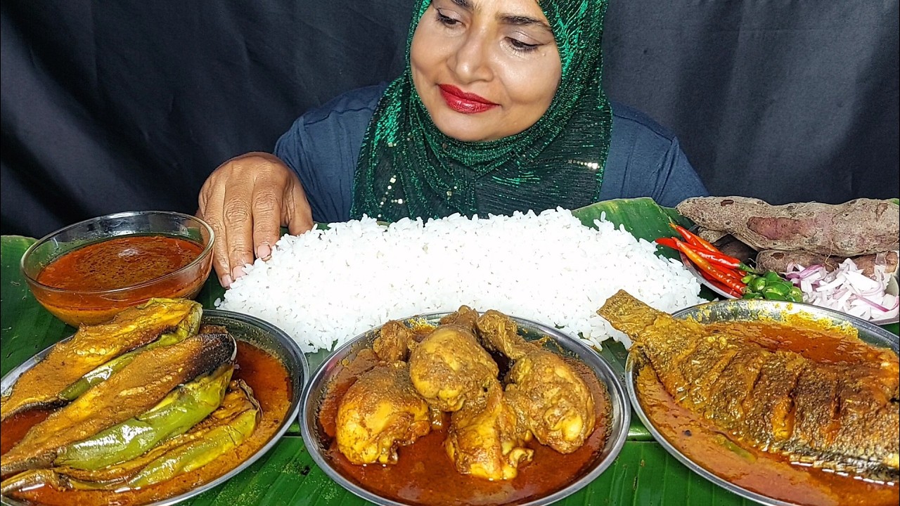 EATING CHICKEN CURRY, FISH CURRY, EGGPLANT CURRY, SWEET POTATO BHARTA WITH RICE, EATING ASMR.