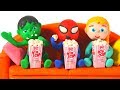 Superhero babies enjoy watching a movie   spiderman hulk  frozen elsa playdoh cartoons for kids