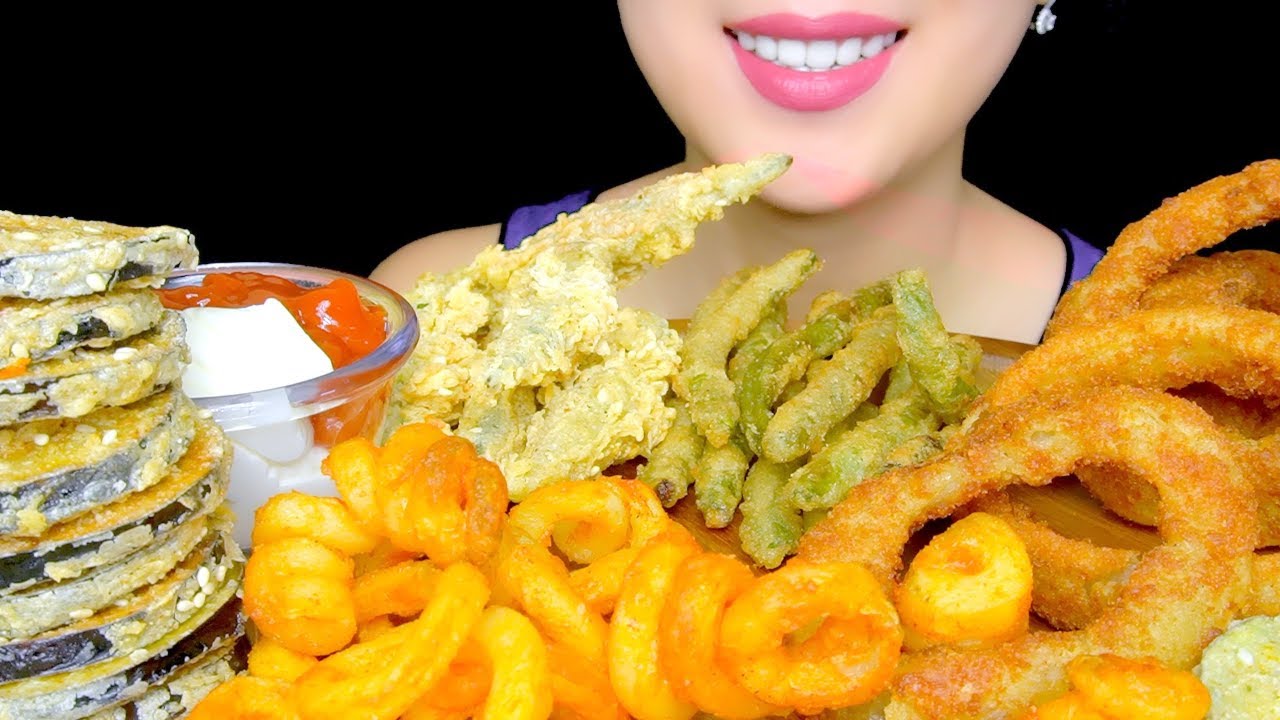 ASMR FRIED VEGETABLES PLATTER (Fried Eggplant, Okra, Green Beans, Onion Rings) | TracyN ASMR