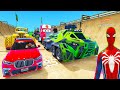 Spiderman cars racing jump challenge on sea ramp  superhero car hulk ironman goku epic race  gta 5