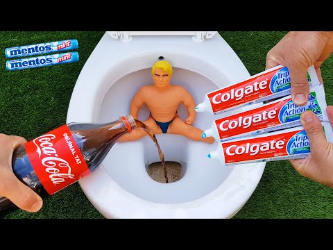 Experiment !! Stretch Armstrong vs TOOTH PASTE and TOILET, Coca Cola, Sprite and Mentos