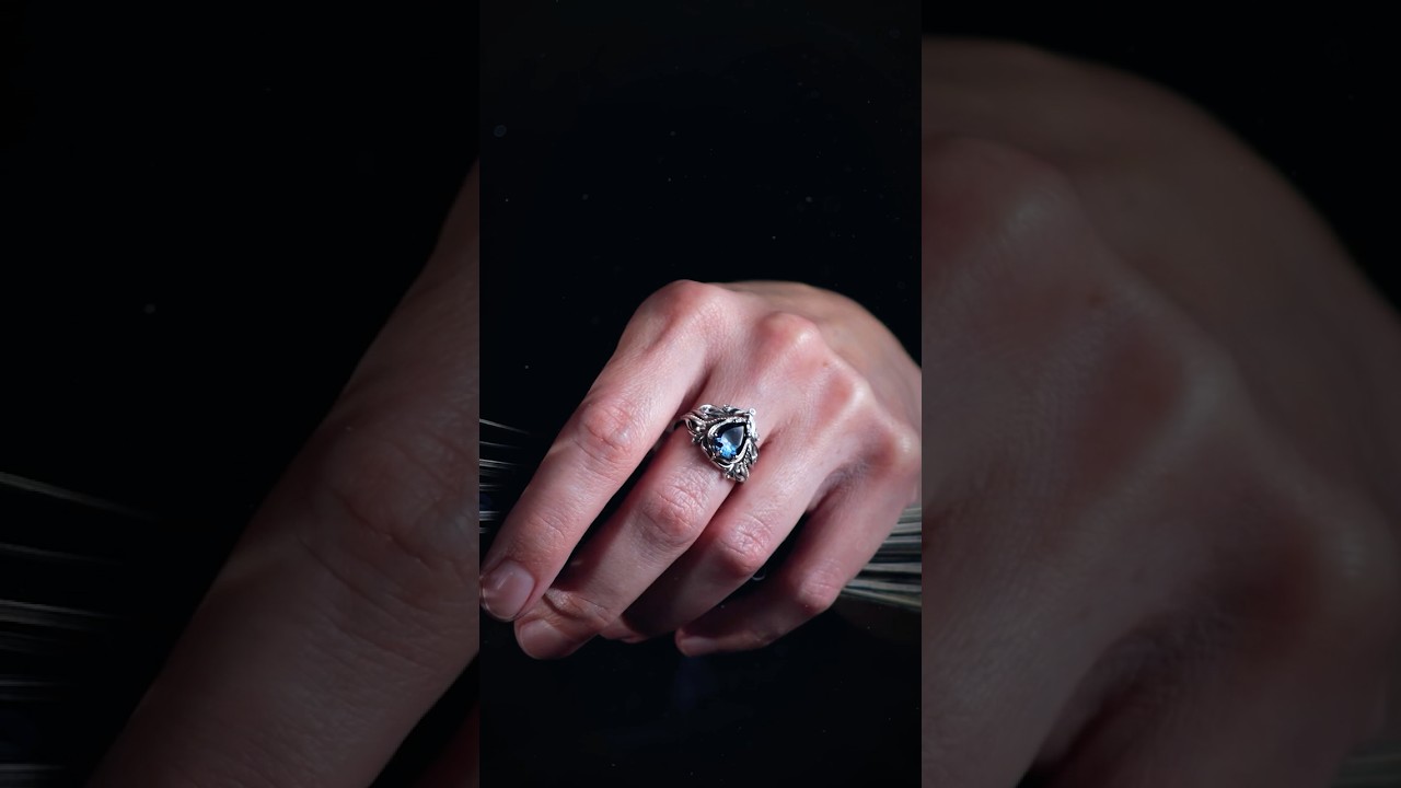 London Blue Topaz Ring Set | Art Nouveau Engagement & Bridal Band