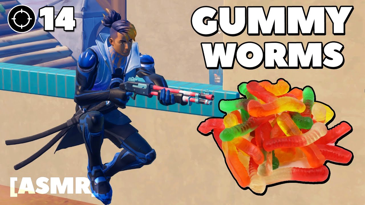 [ASMR] Gummy Worm Mukbang (No Talking) w/ Fortnite Solo Win Gameplay