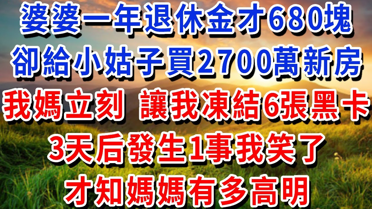 婆婆一年退休金才680塊，卻給小姑子買2700萬新房，我媽立刻，讓我凍結6張黑卡，3天后發生1事我笑了，才知媽媽有多高明！#書婷講故事 #為人處世#生活經驗#情感故事#晚年哲理#說故事#完結文
