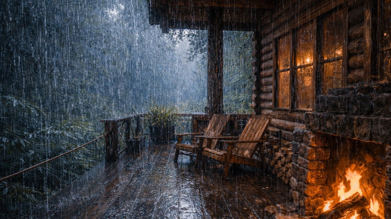 Cozy Cabin Porch in Heavy Rain 🌧️🔥 | Fireplace Ambience for Deep Sleep ...
