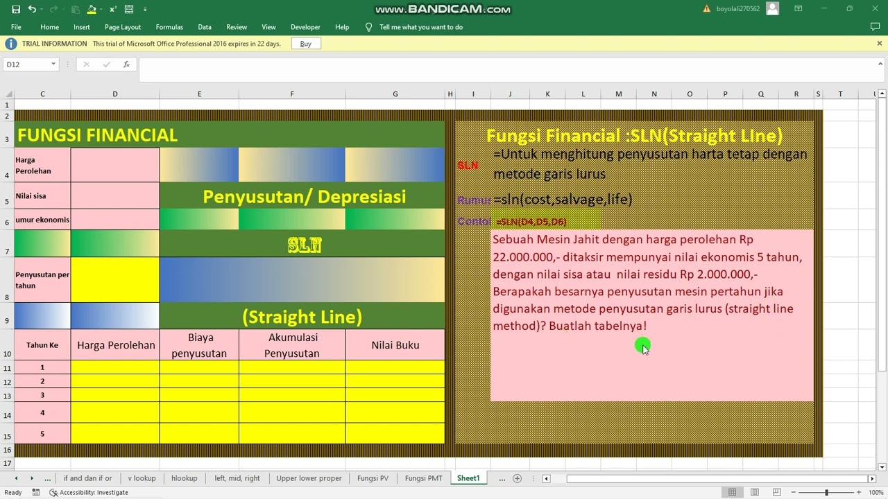 Menghitung penyusutan atau depresiasi aktiva tetap dengan  metode straight line method (sln)