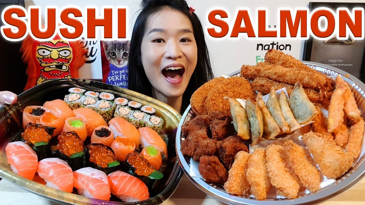 SALMON SUSHI PLATTER & FRIED SNACKS!! Sushi Rolls & Japanese Fried Seafood - Mukbang w Asmr Eating