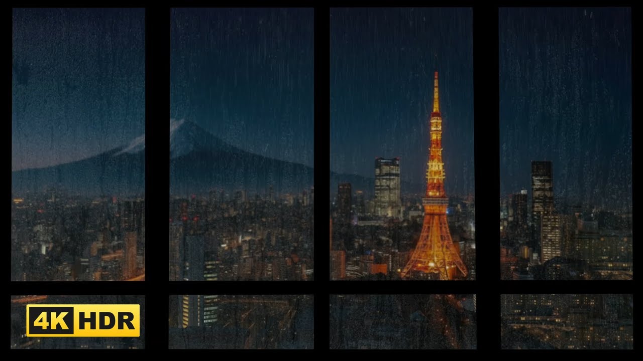 Rainy Night Tokyo City from Window- 4K🌧️Gentle Rain Sounds & Urban Ambience for Sleep & Productivity