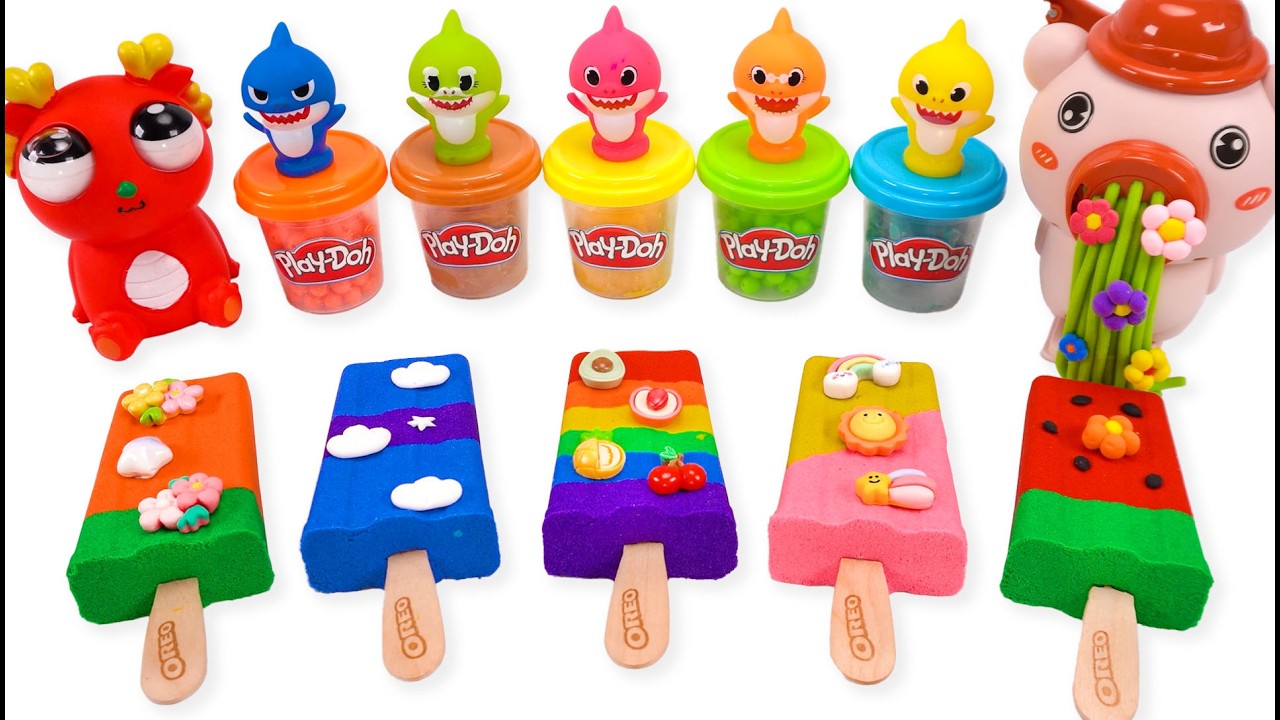 How To Make Kinetic Sand Rainbow Ice Cream With Playdoh Shark & Cutting ASMR 🌈 Kinetic Sand ASMR