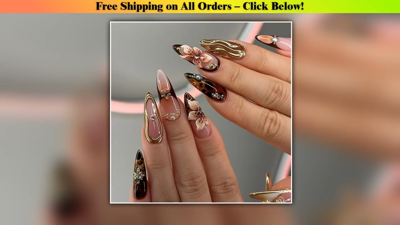 24Pcs Gold Ripple Brown Flowers False Nails with Rhinestones Pearl Design Wearable Almond False Nai