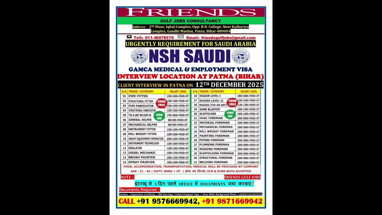 NSH COMPANY SAUDI ARABIA 🇸🇦 INTERVIEW AT FRIENDS GULF JOBS OFFICE PATNA ( BIHAR )