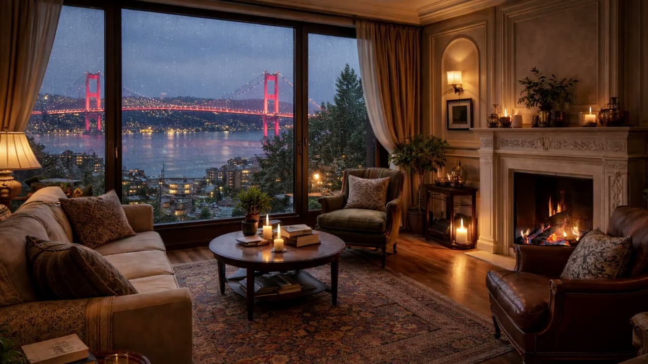 Cozy Istanbul Rain Ambience 🌧️🕌 | Bosphorus View, City Lights & Relaxing Mood | Pure Ambiance 4K