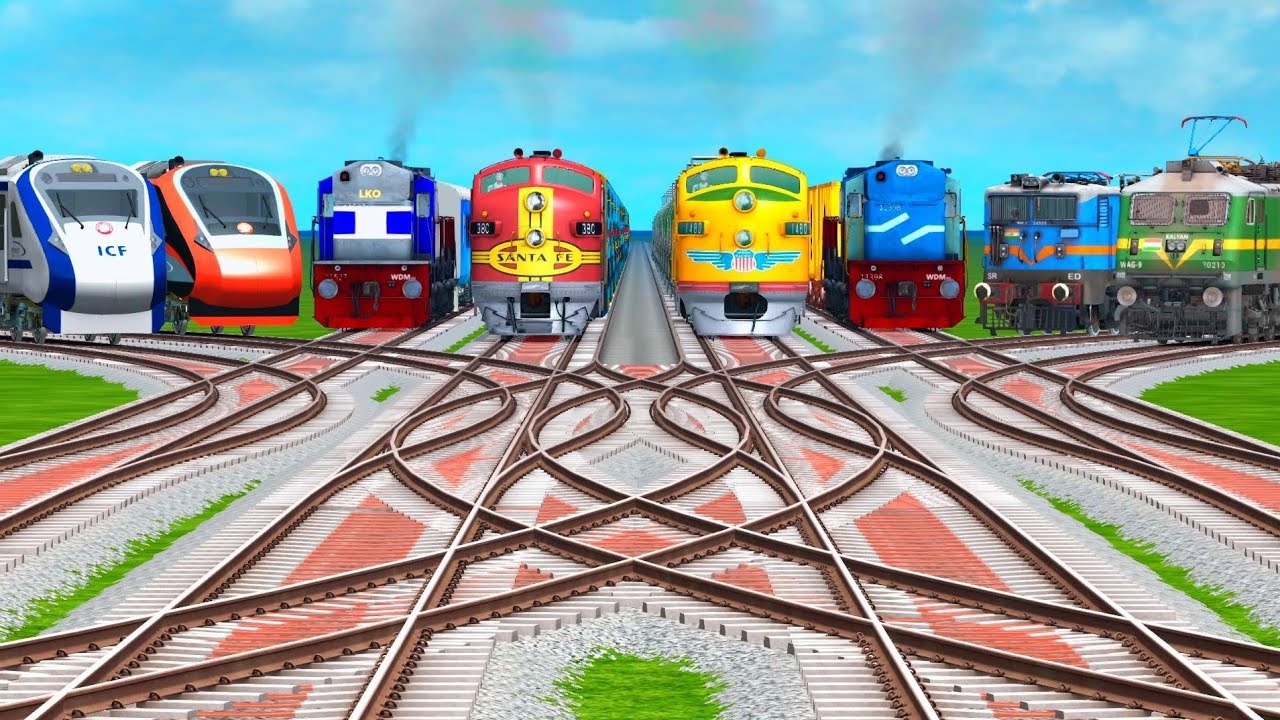 8 Trains Passing By Bumpy Forked & Branched Railroad Tracks | beamng drive | train simulator classic