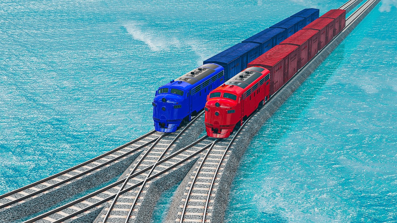 Double Colorful Trains Vs Double Y Impossible Weird Rails Tracks Crossing Deepwater | BeamNG.drive