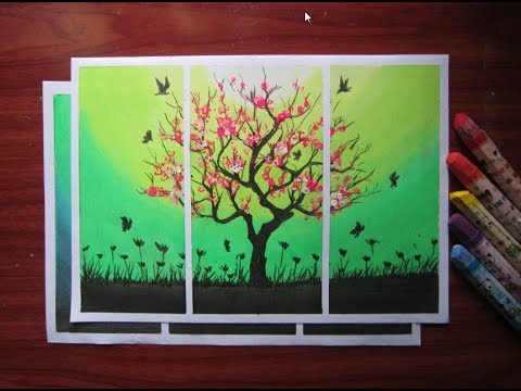 Vẽ tranh ngày tết và mùa xuân - Vẽ cây đào tết đẹp bằng sáp dầu - YouTube