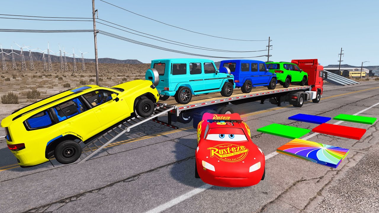Flatbed Truck McQueen | Transportation with Truck - Pothole vs Car #7 | BeamNG.Drive Gameplay