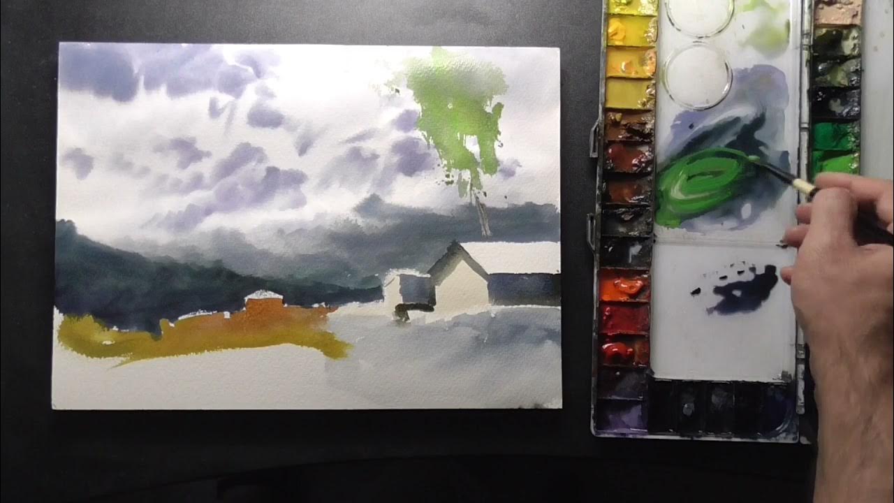 How to paint landscape in watercolor painting demo by javid tabatabaei