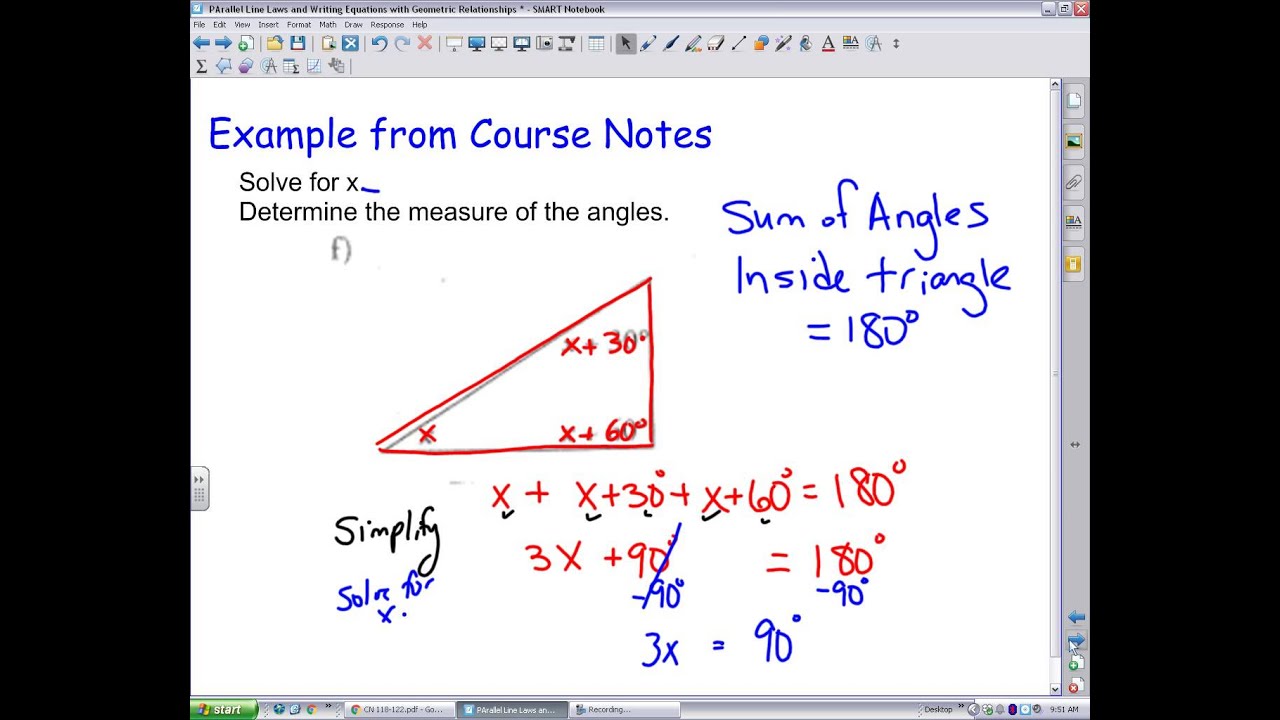 Using Sum of Angles in A Triangle to Write and Solve an Equation - YouTube