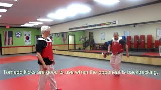 56 year old man practices Taekwondo sparring 4th-Dan Master